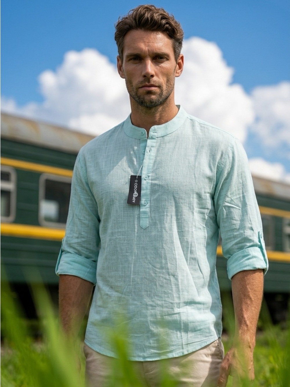 Coofandy Mens Medium Cotton Hemp Aqua Blue Henley Roll tab Shirt